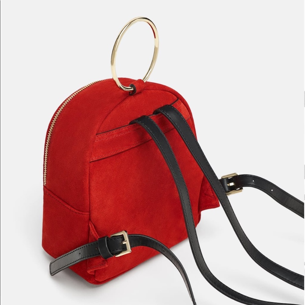 NWOT Zara Mini Suede Backpack Gold Ring, Rust Blk - Picture 5 of 8